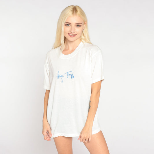 90s Hang Ten Embroidered Logo T-Shirt White Baby Blue Single Stitch Medium Large