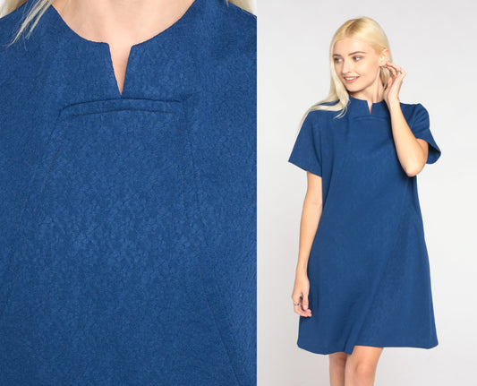 60s Navy Shift Dress Floral Embossed Mini Short Sleeve Large L
