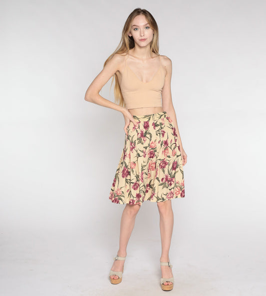 90s Floral Pleated Skirt High Waist Knee Length Yellow Pink Extra Small