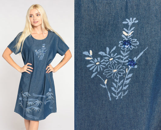90s Floral Denim Shift Dress Blue Sequin Beaded Short Sleeve Medium M