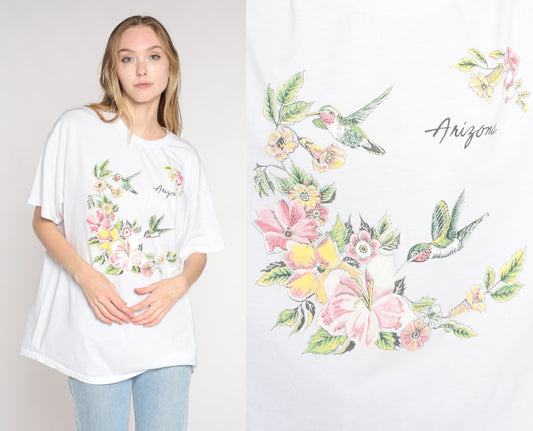 00s Arizona Hummingbird Floral Graphic T-Shirt White Cotton Blend Extra Large XL