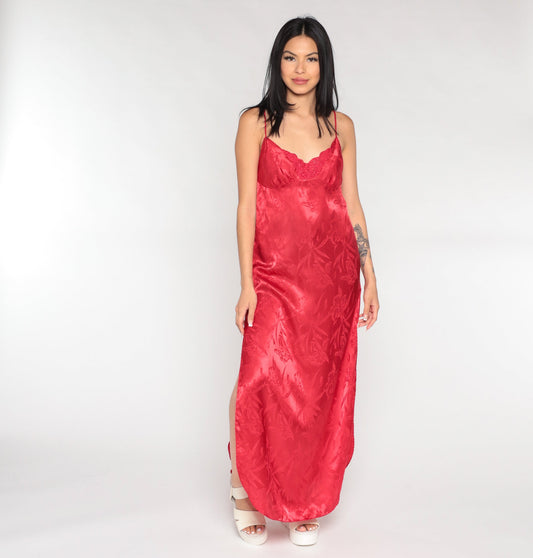 90s Red Satin Nightgown Maxi Slip Dress Embossed Floral Spaghetti Strap Medium