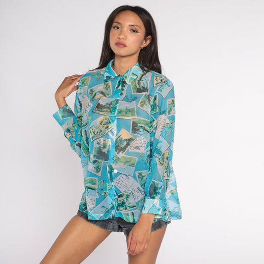 90s Travel Postcard Print Sheer Blue Button-Up Blouse Long Sleeve Medium M