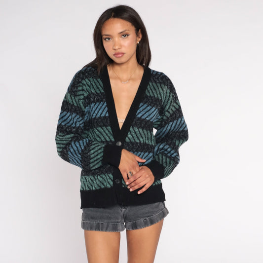 90s Striped Cardigan Wool Blend Knit Sweater Black Blue Green Medium M