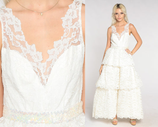 60s White Lace Wedding Dress Maxi Sweetheart Neckline Sequin Waist Extra Small
