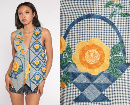 90s Gingham Floral Patchwork Quilted Vest Open Front Blue White Small