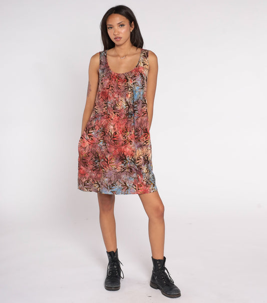 Y2K Tie Dye Leaf Print Mini Dress Sleeveless Pleated Bodice Pink Purple Blue Small S