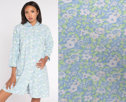 90s Blue Floral Mini Nightgown Peter Pan Collar Snap Front Medium