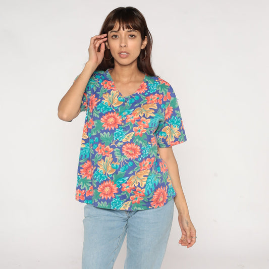 90s Floral Fruit Print Henley Shirt Short Sleeve Button Up Large L