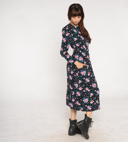 90s Black Floral Midi Dress Power Shoulders Pockets Long Sleeve Medium 10