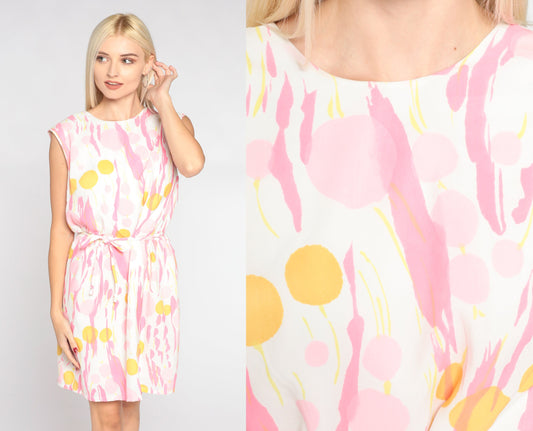 60s Abstract Dot Print Mini Dress White Pink Yellow Sleeveless Shift Medium