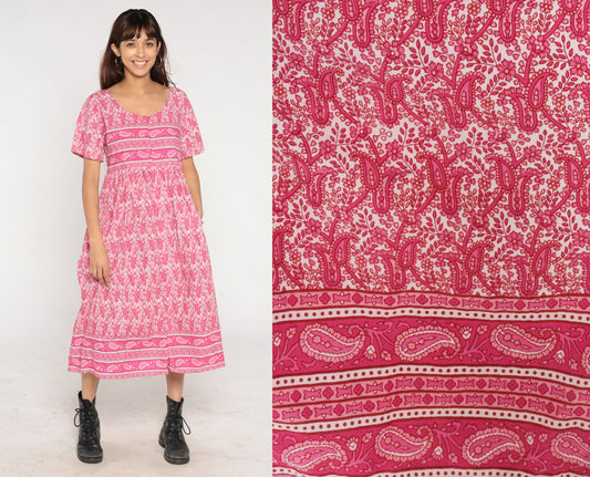 Y2K Pink Paisley Midi Shirtdress High Waist Button Front Cotton Small