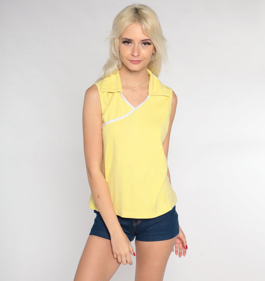 90s Pale Yellow Collared Tank Top V Neck Sleeveless Blouse Small