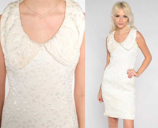 60s Cream Brocade Mini Dress Oversized Collar Sleeveless Sheath Extra Small
