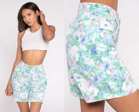 90s Not Guilty Floral Denim Shorts High Waist Green Purple Medium