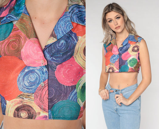 70s Swirl Print Sleeveless Crop Top Button-Up Shirt Small S