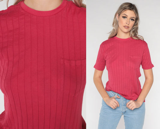 00s Ralph Lauren Pink Pocket T-Shirt Cotton Textured Stripe Medium