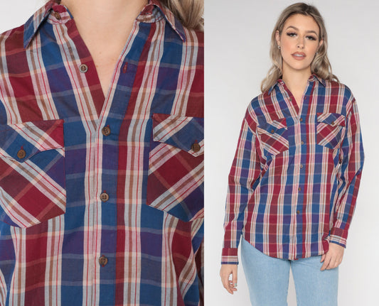 80s Burgundy Blue Plaid Button-Up Shirt Cotton Long Sleeve Medium