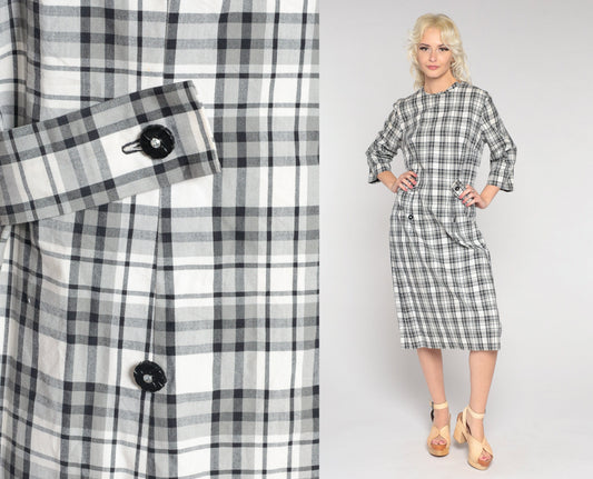 60s Mod Checkered Shift Dress Grey Plaid Midi Medium