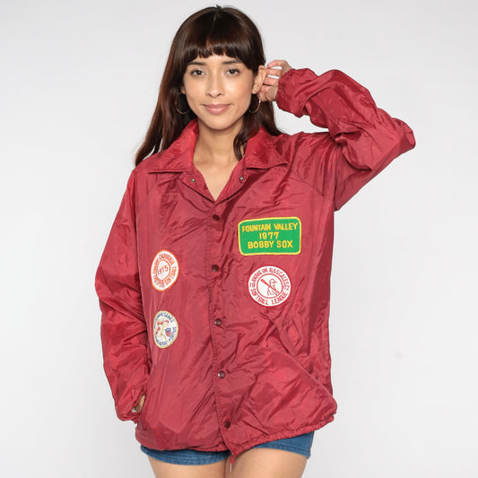 70s Burgundy Softball Patch Coach Jacket Fountain Valley Medium