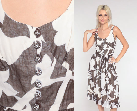 60s Floral Midi Dress Brown White Rhinestone Buttons High Waist Extra Small