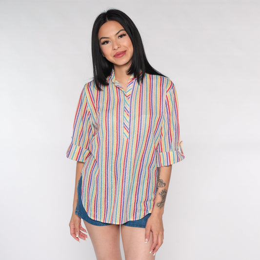 70s Metallic Rainbow Striped Button-Up Blouse 3/4 Sleeve Medium