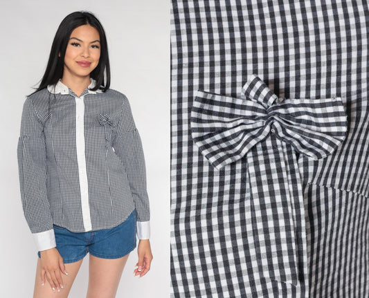 80s Black White Gingham Button-Up Blouse Bow Chest Long Sleeve Small S
