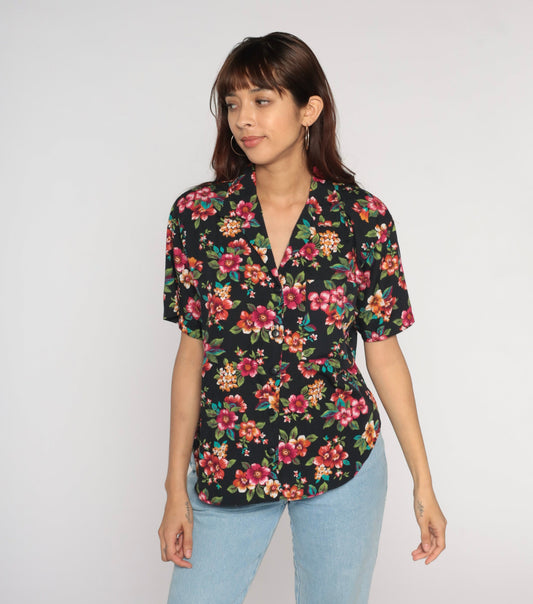 Y2K Black Floral Button-Up Blouse Short Sleeve Collared Shirt Medium M