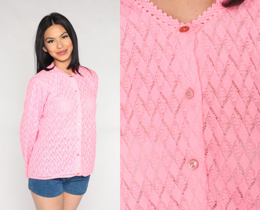 70s Hot Pink Pointelle Cardigan Open Weave Knit Sweater Medium