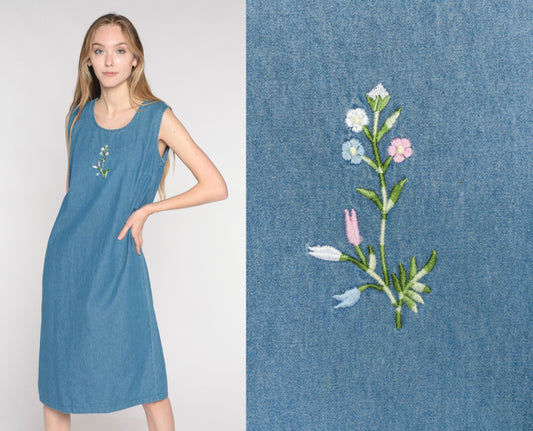 00s Blue Denim Midi Dress Floral Embroidered Sleeveless Jumper Small Medium
