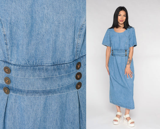 90s Fore Warned Denim Maxi Dress Blue Princess Seam Short Sleeve Large 14