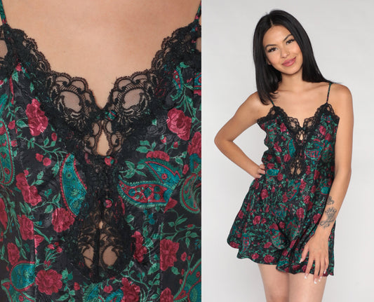 90s Floral Paisley Teddy Bodysuit Black Lace Trim Spaghetti Strap Small