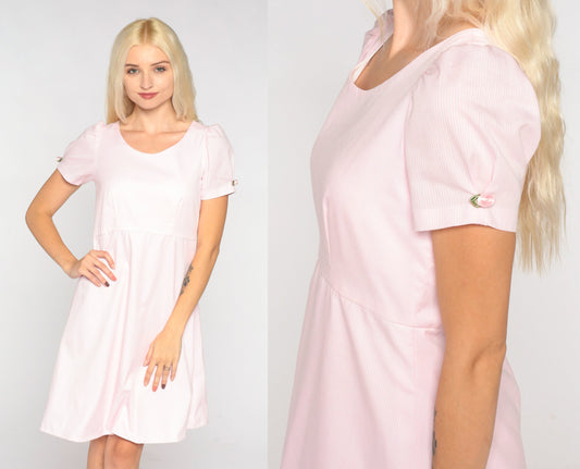 80s Baby Pink Mini Dress Empire Waist Puff Sleeve Rosette Extra Small