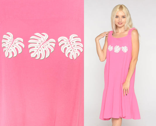 Y2K Pink Tropical Leaf Tank Dress Knee-Length Cotton Medium M