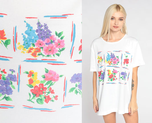 90s Watercolor Floral Graphic Tee White Single Stitch Wildflower Print Extra Large