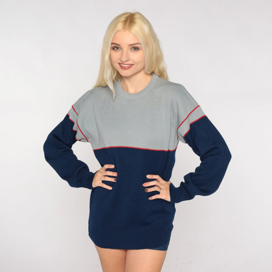 80s Ossi Skiwear Colour Block Wool Blend Sweater Grey Navy Medium