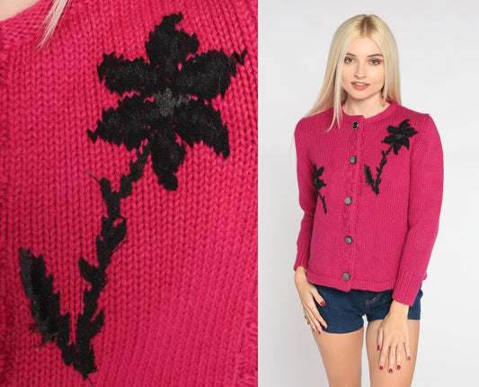 60s Floral Wool Cardigan Magenta Black Flower Print Button-Up Knit Extra Small