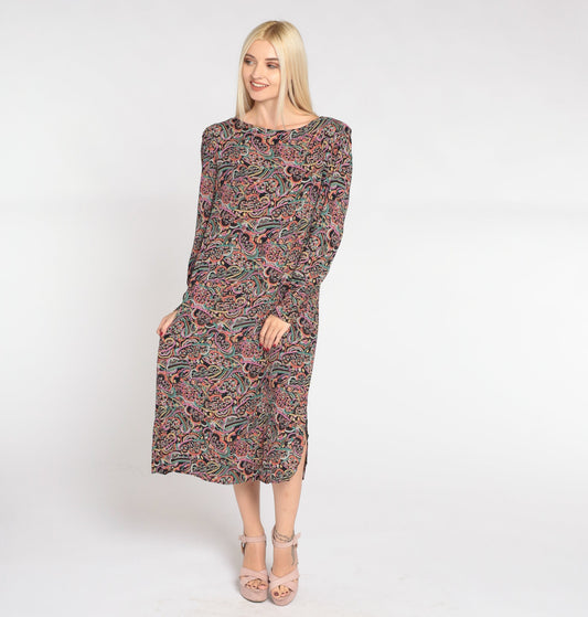 80s Abstract Cloud Print Midi Dress Black Puff Sleeve Shift Medium M
