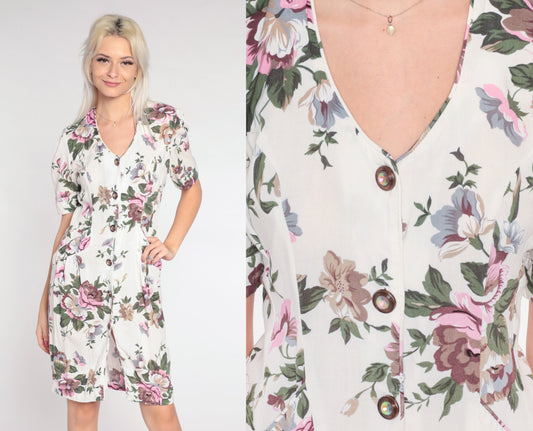 90s White Floral Mini Dress Button-Up Sheath Puff Sleeve Small S