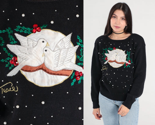 Y2K Christmas Dove Sweater Black Beaded Peace Pullover Large L