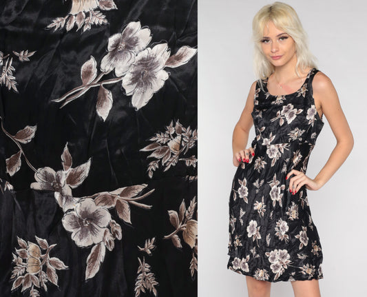90s Black Floral Mini Dress Sleeveless Empire Waist Shiny Shift Medium