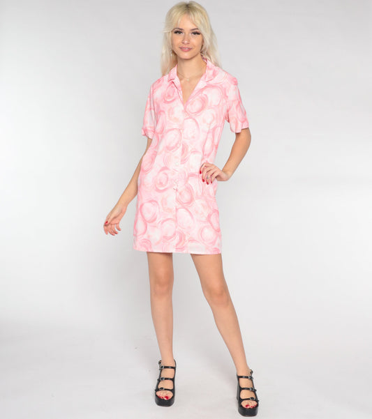 60s Pink Abstract Brushstroke Shift Dress Button-Up Mini Short Sleeve Medium