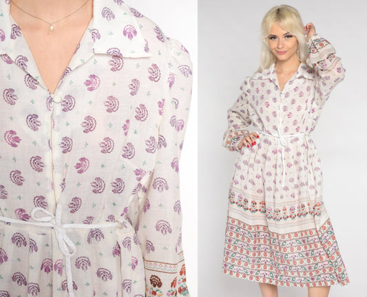 70s White Floral Midi Shirtdress Drawstring Waist Balloon Sleeve Collared Extra Large