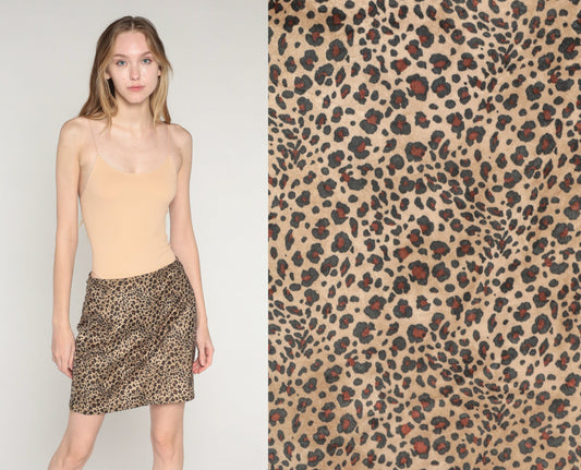 90s Leopard Print Mini Skirt High Waist Pencil Cut Brown Small S