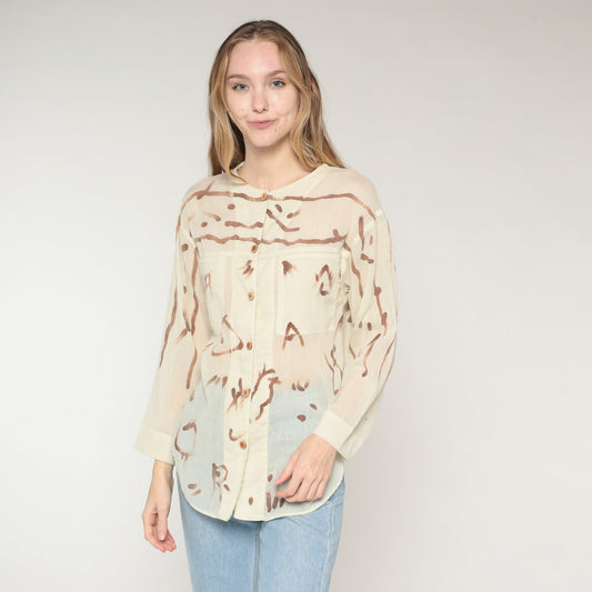 80s Abstract Brushstroke Button-Up Blouse Cream Brown Semi-Sheer Long Sleeve Small