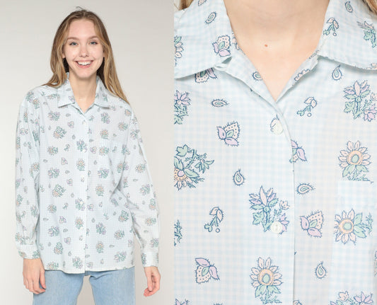80s Levi Travellers Checkered Floral Button-Up Blouse Light Blue White Medium