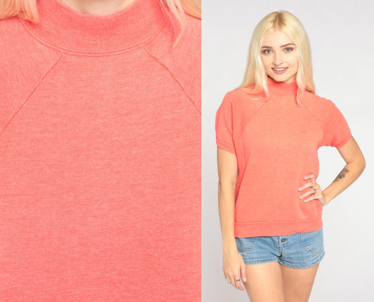 80s Coral Mock Neck Raglan Sweatshirt Short Sleeve Pink Top Extra Small XS