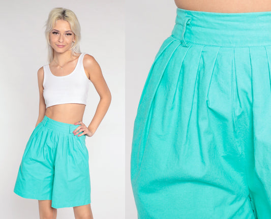 90s Turquoise Pleated High-Waisted Shorts Cotton Preppy Extra Small XS