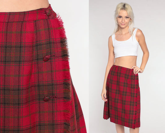 70s Scottish Tartan Wool Midi Skirt Red Plaid Pleated High Waist Small