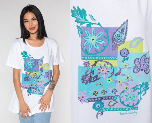 Diane Von Furstenberg Y2K Floral Glitter T-Shirt White Blue Green Purple Extra Large XL